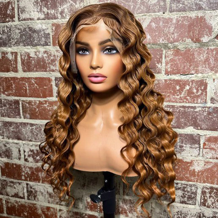 Tedhair 24 Inches 13x4 Honey Blonde Crimps Curls Lace Frontal Wigs 180% Density-100% Human Hair