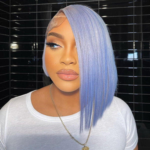 Tedhair 12 Inches 13x4 Blue Side Part Straight Bob Lace Front Wig-180% Density