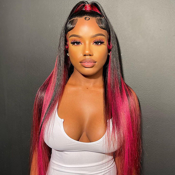 Tedhair 26 Inches 13x4 Pink Long Straight with Up-do Ponytail Lace Front Wig-200% Density