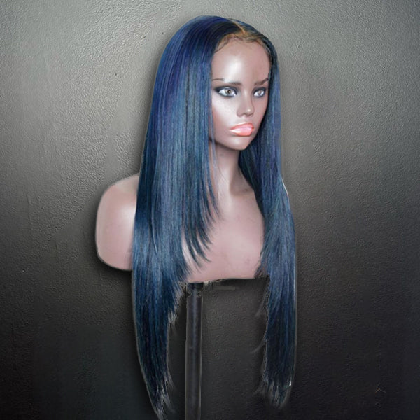 Tedhair 28 Inches 13x4 Layered Dark Blue Straight Lace Front Wig-200% Density