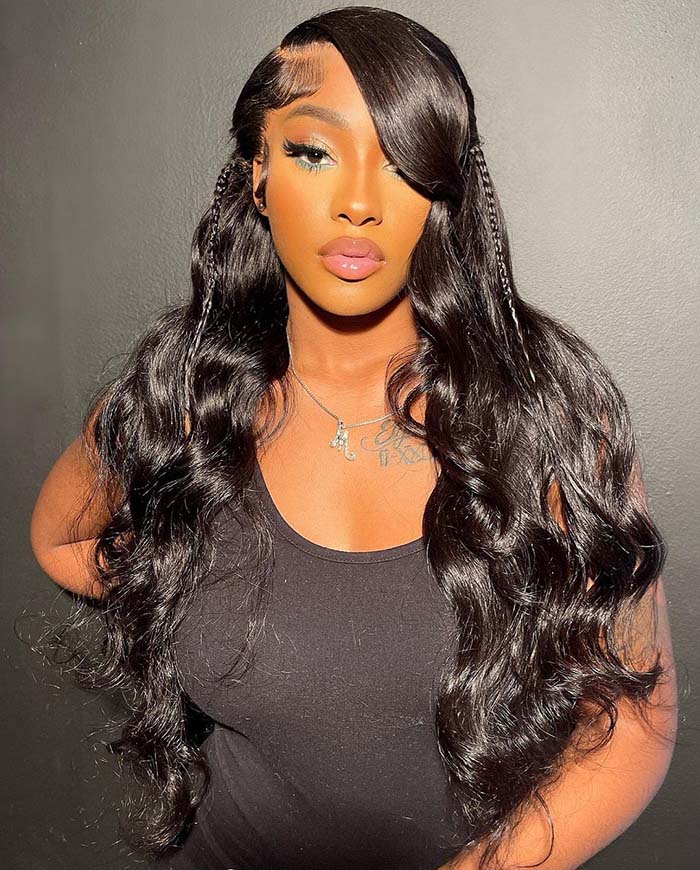 Tedhair 28/30/32 Inches 13x4 Feather Bang Body Wave with Twin Braids Lace Front Wig-200% Density