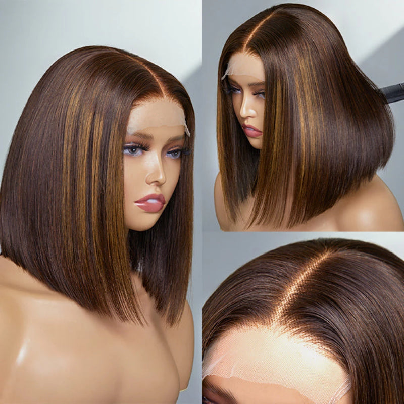 Tedhair 12 Inches 4x4 Chestnut Brown Highlights Straight Bob Lace Closure Wigs-180% Density