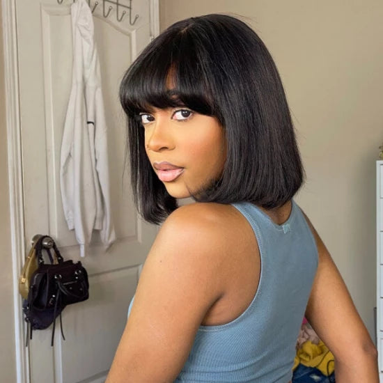 Tedhair 12 Inches 2x1 Minimalist Realistic Yaki Straight Bob With Bangs Lace Wig-150% Density
