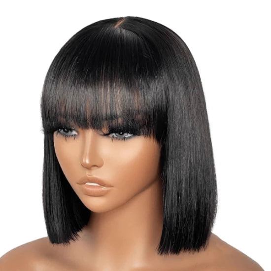 Tedhair 12 Inches 2x1 Minimalist Realistic Yaki Straight Bob With Bangs Lace Wig-150% Density