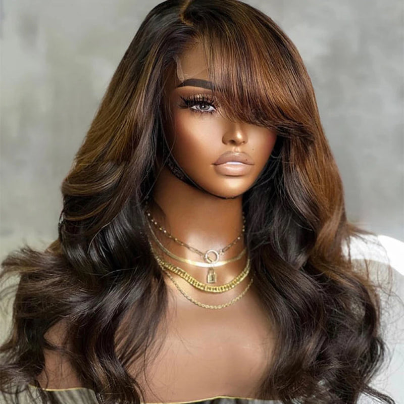 Tedhair 20 Inches 5x5 Brown Mix Black Loose Wave C Part with Bangs Lace Closure Wigs-180% Density
