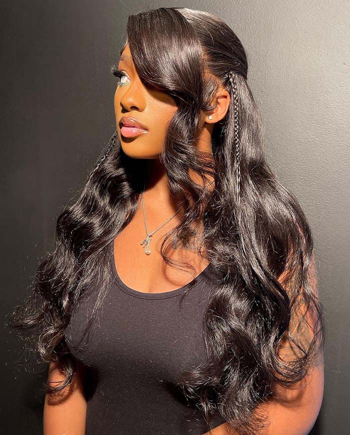 Tedhair 28/30/32 Inches 13x4 Feather Bang Body Wave with Twin Braids Lace Front Wig-200% Density