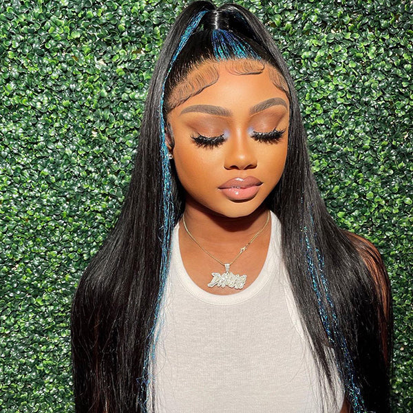 Tedhair 26/28/30 Inches 13x4 Highlight Glitter Blue Straight Lace Front Wig-200% Density