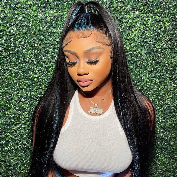 Tedhair 26/28/30 Inches 13x4 Highlight Glitter Blue Straight Lace Front Wig-200% Density