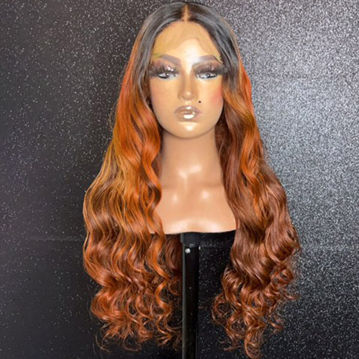 Tedhair 24 Inches 5x5 #1B/ginger Body Wavy Lace Front Wigs-180% Density