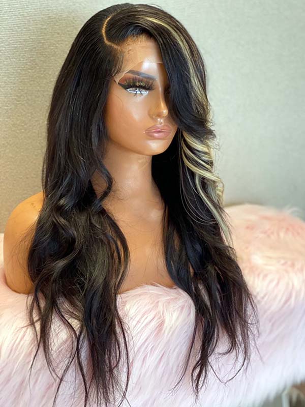 Tedhair 20 Inches 13x4 Highlight Feather Bang Body Wave Lace Front Wig-180% Density
